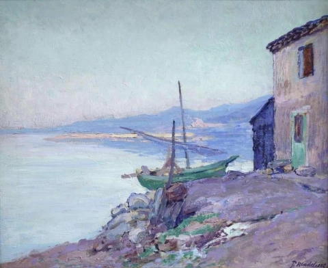 Båt förtöjd vid kusten ca 1900