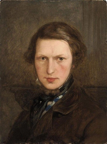 Auto-retrato na altura do busto em um casaco marrom, ca. 1845