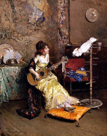 Mädchen mit Gitarre und Papagei, ca. 1872