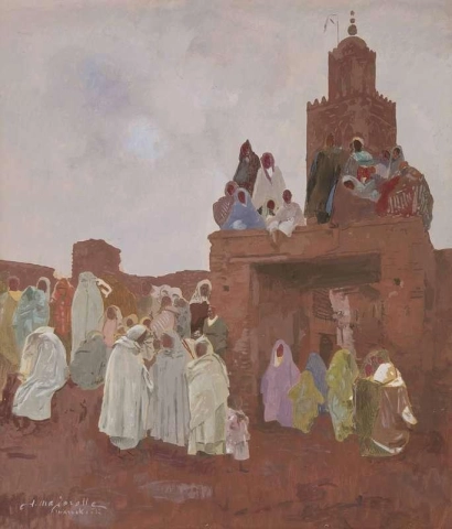 Grupp framför La Koutoubia Marrakech