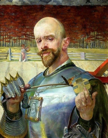 Zelfportret in harnas met viool 1908