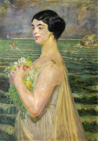 Nainen meren rannalla 1915