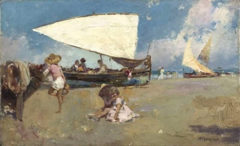 Crianças em uma praia ensolarada, por volta de 1880