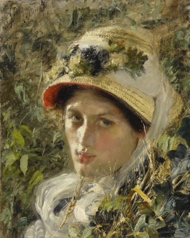 امرأة ترتدي قبعة من القش 1880