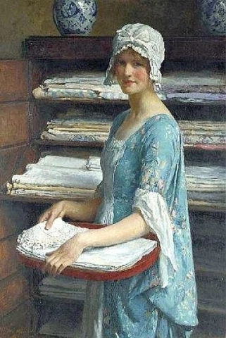 Seu dote. Um estudo de uma garota arrumando roupa de cama, 1922