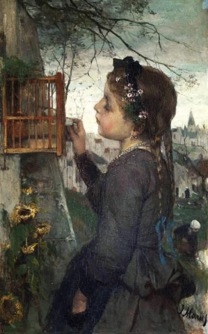 En jente som mater en fugl i et bur ca. 1867
