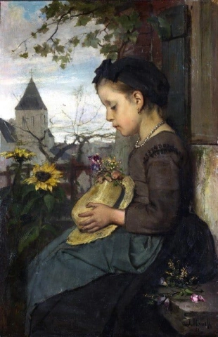 Una niña sentada afuera de una casa 1867
