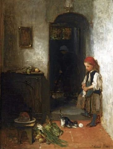 En jente med en lekende kattunge 1869