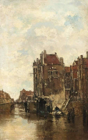Eine Wäscherin auf einem Kanal in Dordrecht
