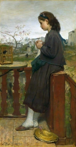 Strickendes Mädchen auf einem Balkon Montmartre 1869