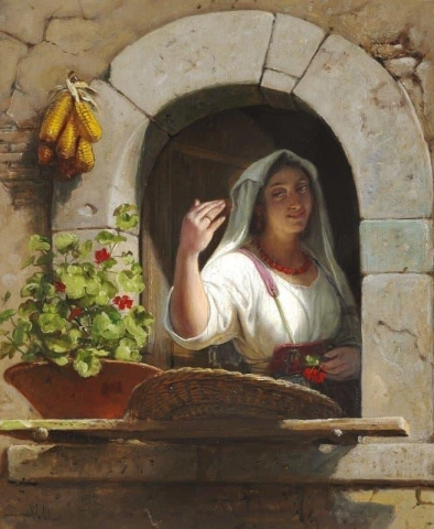 Vinkende italiensk kvinne i et vindu