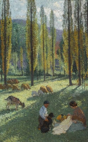Pastorella che cuce le ombre dei pioppi in un prato con un ragazzo e un cane, 1920 circa