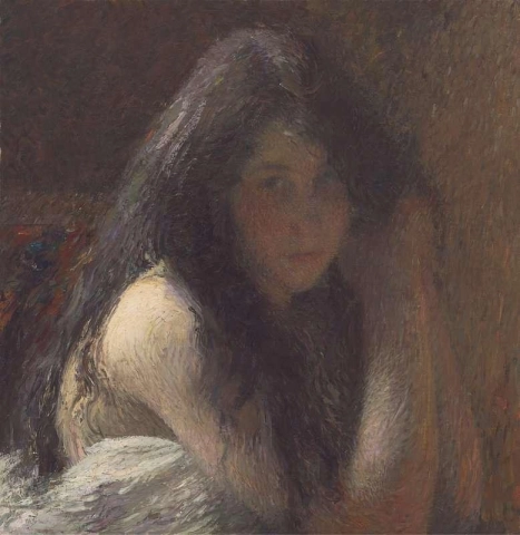 Jonge vrouw die haar haar doet, ca. 1890