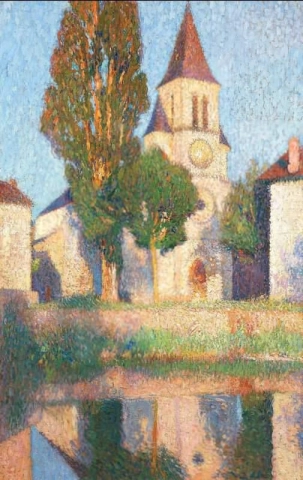 Kirken Labastide du Vert og dens refleksjon i solnedgangen ca. 1910