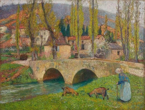 Vecchia donna che conduce due capre vicino al ponte della Bastide du Vert Ca. 1900-05