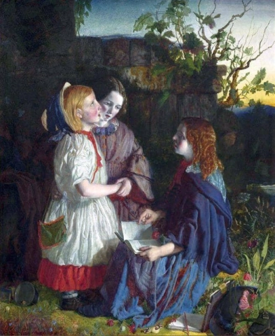 3 人の若い女の子のいる風景 1856 年頃