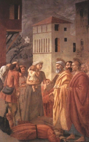 Masaccio St Peter jakelee yhteisön tavaroita ja Ananiaksen kuolemaa