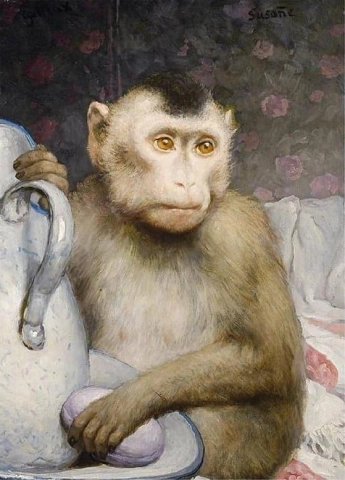 Mono con jabón y jarra.