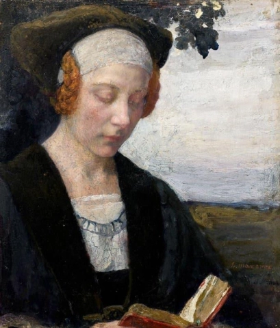 Frau mit Büste beim Lesen