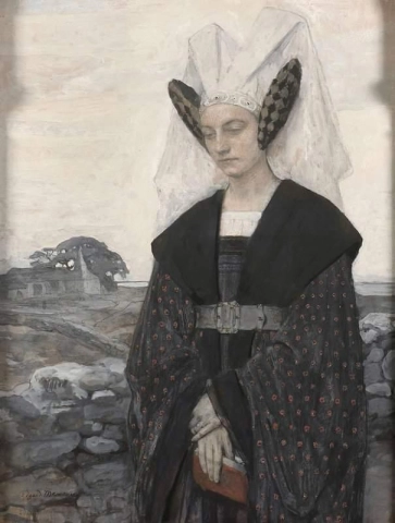 Kvinna i medeltida kostym som mediterar på en bretonsk kustlinje