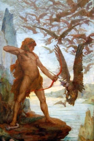 Heracles doodt de vogels op het Stymphalische meer