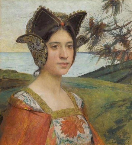 海の前に髪型をした若い女性 1902