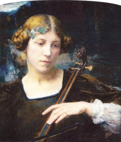 Jong meisje dat een snaarinstrument bespeelt of een jonge muzikant, ca. 1911