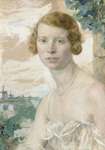 真珠のネックレスを持つ女性の肖像画
