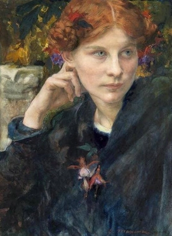 Giovane donna pensosa girata a sinistra 1900