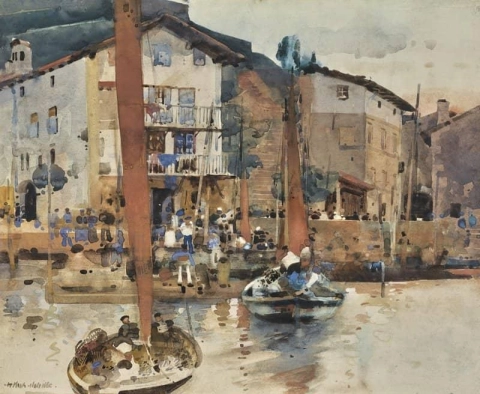 Uma vila de pescadores espanhola, o porto de Puerta De Pasajes, 1897