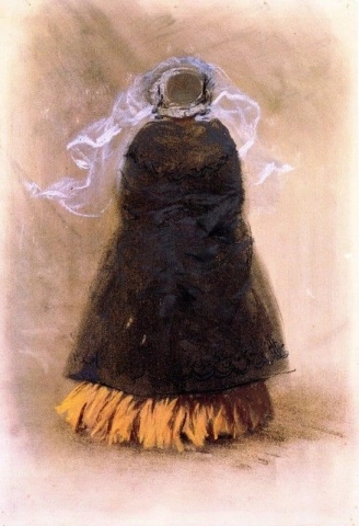 Dame med hatt og slør sett bakfra ca. 1850-55