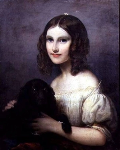 Portrett av en ung jente med hunden hennes