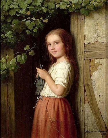 Giovane ragazza in piedi davanti a una porta che lavora a maglia 1863