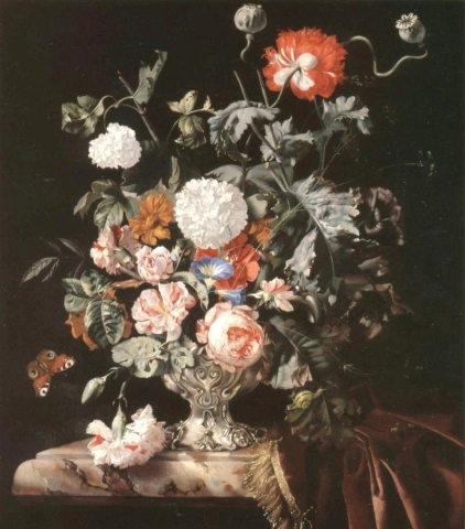 Michiel Louis 은화병에 담긴 장미 양귀비 카네이션 콘보불루스와 금잔화의 정물