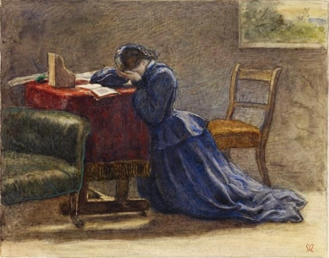 En kone - Ansikt i begge hender hun knelte på teppet 1860-63