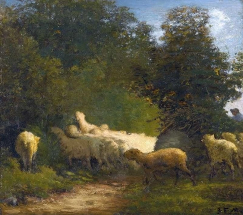 生け垣に沿って草を食む羊 1861-62
