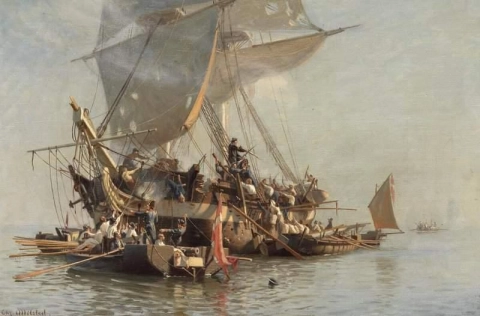 Eine englische Brigg wird 1808 von dänischen Kanonenbooten erobert