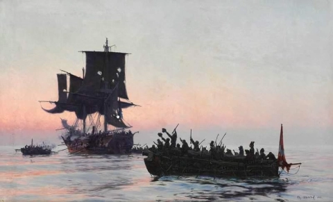 Corsários dinamarqueses interceptando um navio inimigo durante as guerras napoleônicas de 1888