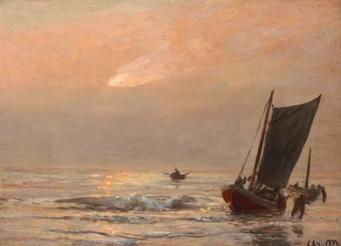 Zeegezicht met vissers aan de kust bij zonsondergang