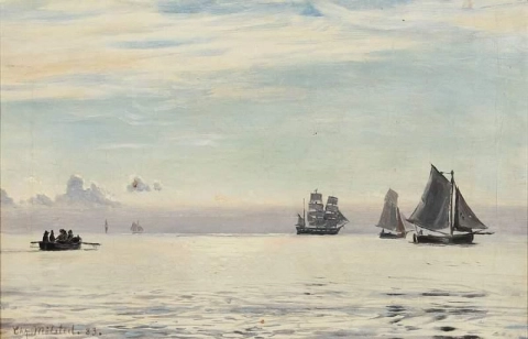 Havslandskap med segelfartyg och båtar på ett glittrande hav 1883