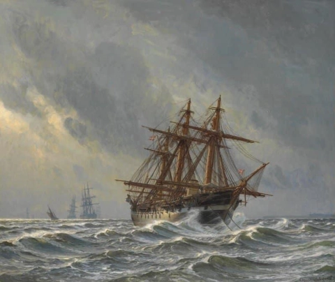 嵐の中で帆船が停泊している海の風景。前景にあるデンマークのフリゲート艦ユランド