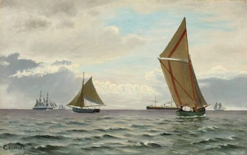 Морской пейзаж с парусниками и пароходом