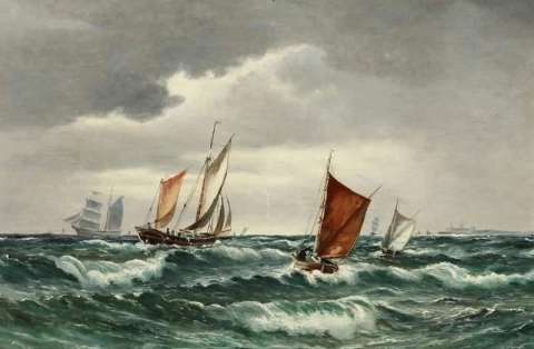 Морской пейзаж с парусниками, парусными лодками и замком Кронборг вдалеке