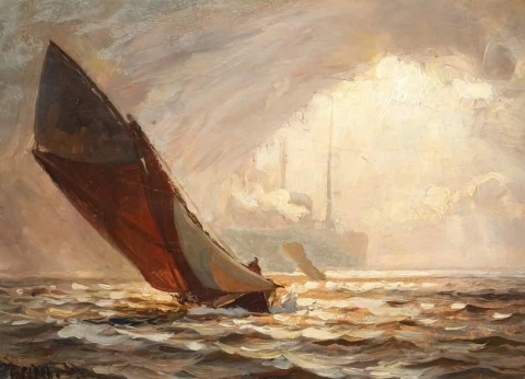 Seascape com navio ao pôr do sol