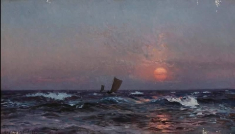 To seilbåter på havet ved solnedgang 1893
