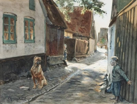 Vista desde Dragor con niños escondidos de un perro grande 1893
