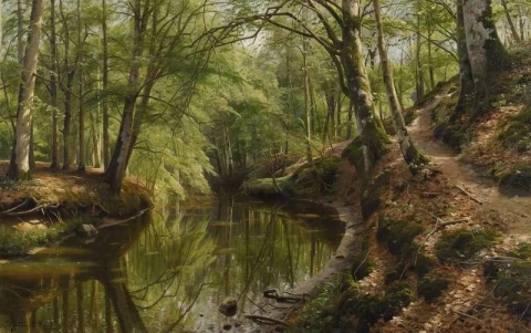 Un arroyo que fluye a través de un bosque de primavera 1918