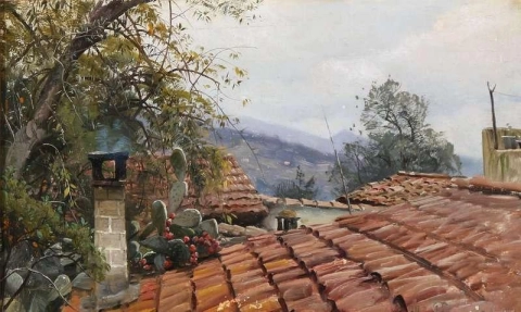 Um cacto crescendo em telhados antigos na Itália