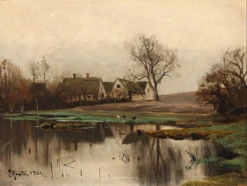 1901 年の灰色の日の池のほとりの農場