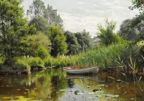 Un lago nella foresta con una barca a remi sullo sfondo Una casa 1903